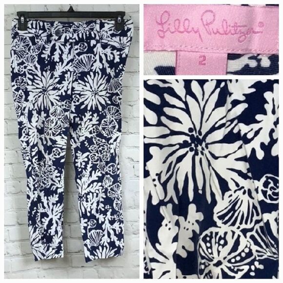 Lilly Pulitzer In the Groove Luxury Capri Pant Navy Seashell Nautical Print Sz 2 - Picture 1 of 9